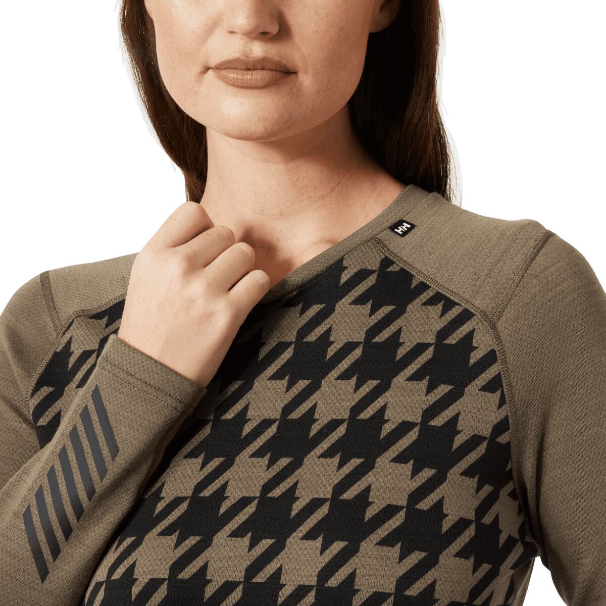 Helly Hansen Dámské funkční tričko s merinem Lifa Merino Midweight Gra Crew - sepia houndstooth aop