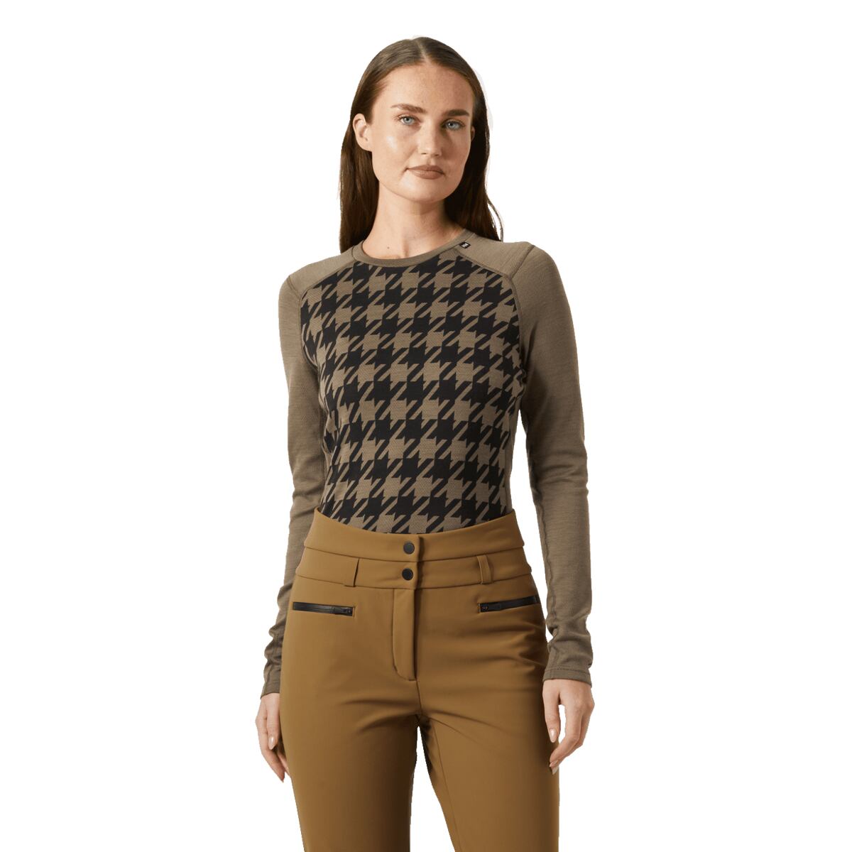 Helly Hansen Dámské funkční tričko s merinem Lifa Merino Midweight Gra Crew - sepia houndstooth aop