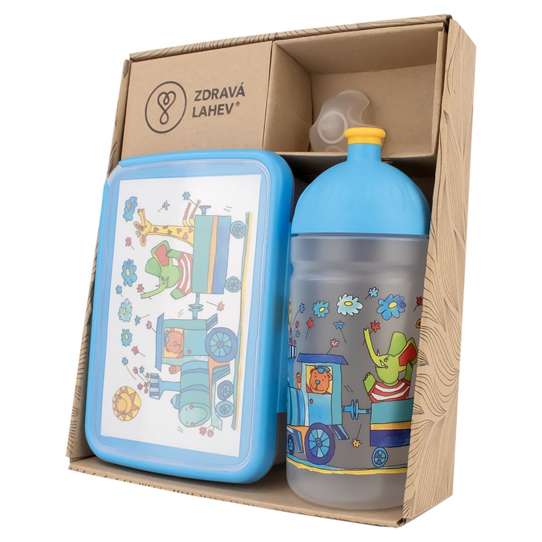 ZDRAVÁ LAHEV® SET ZDRAVÁ LAHEV A ZDRAVÁ SVÁČA svačinový box a lahev 0,5l Vláček se zvířátky